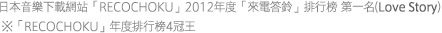 日本音樂下載網站「RECOCHOKU」2012年度「來電答鈴」排行榜 第一名(Love Story) ※「RECOCHOKU」年度排行榜4冠王