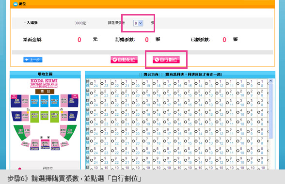 步驟6：請選擇購買張數，並點選「自行劃位」