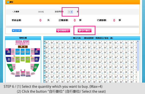 STEP6：(1)Select the quantity(Max=4) which you want to buy. (2)Click the button「自行劃位」(自行劃位/Select the seat)